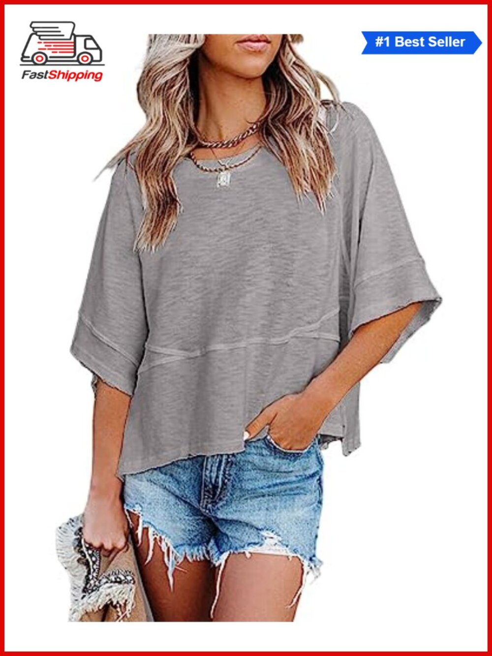 Women's Summer Loose Fit 3/4 Sleeve Crewneck Casual T-Shirt